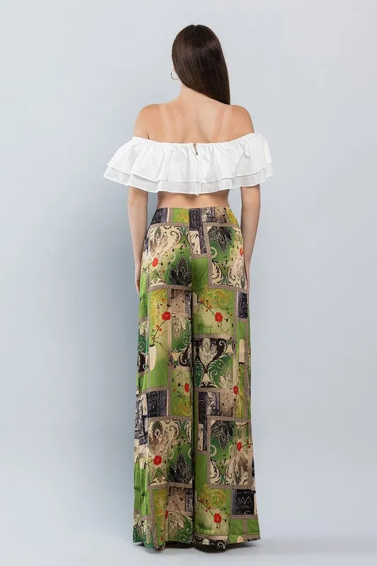 Olive Oriental Mood Print Wide Satin Pants