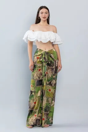 Olive Oriental Mood Print Wide Satin Pants