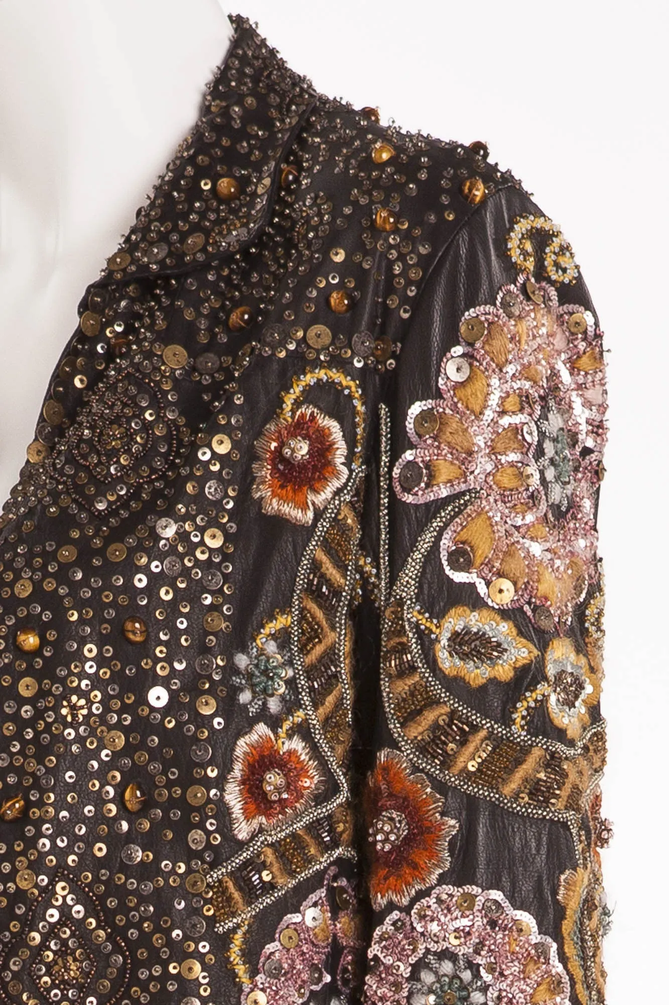 Oscar De La Renta - Hand Sewn Embroidered Sequence, Beads, Metal, and Tiger Eye Stone Jacket - US 6