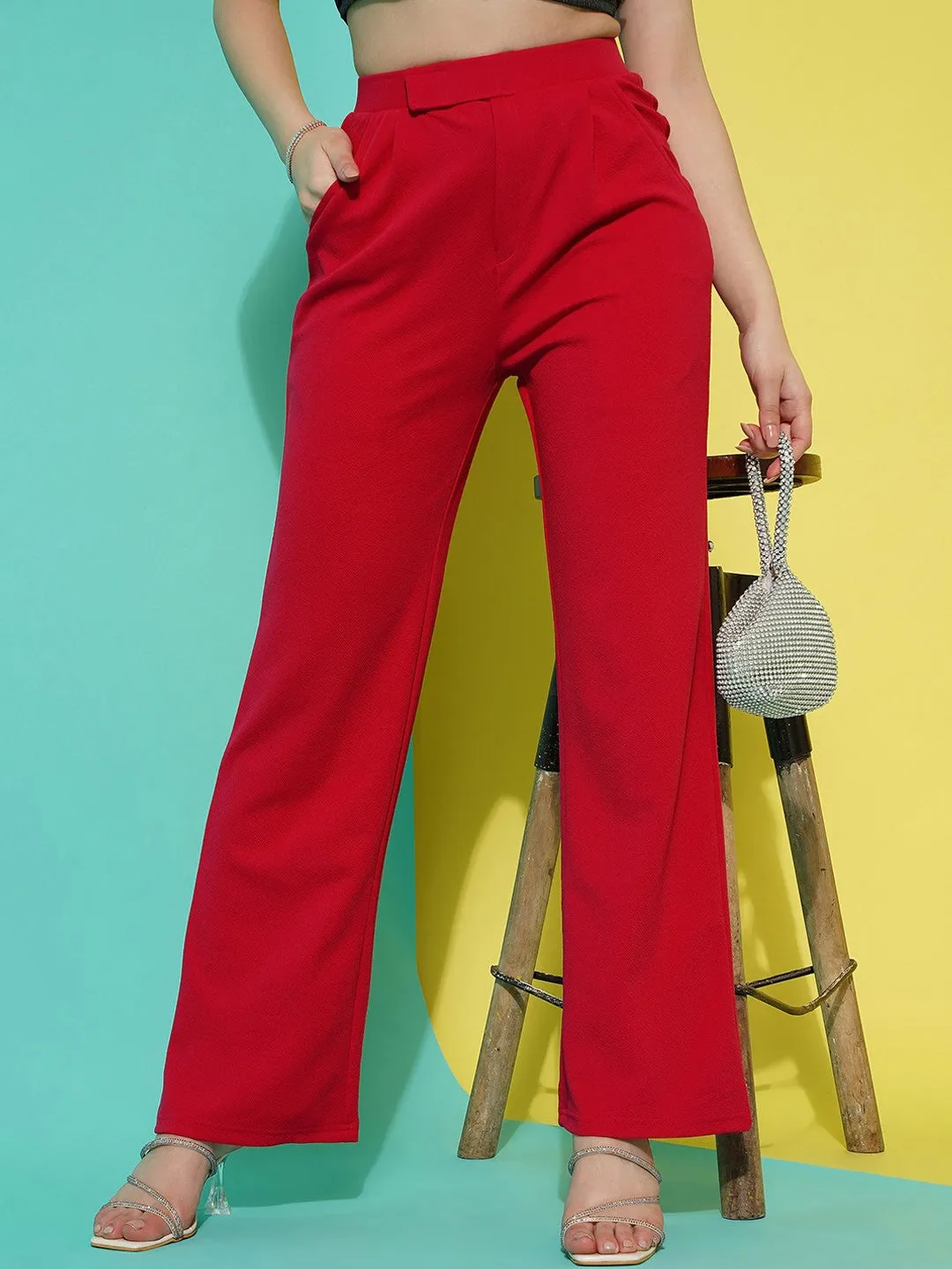 Red Mid-Rise Slip On Trouser