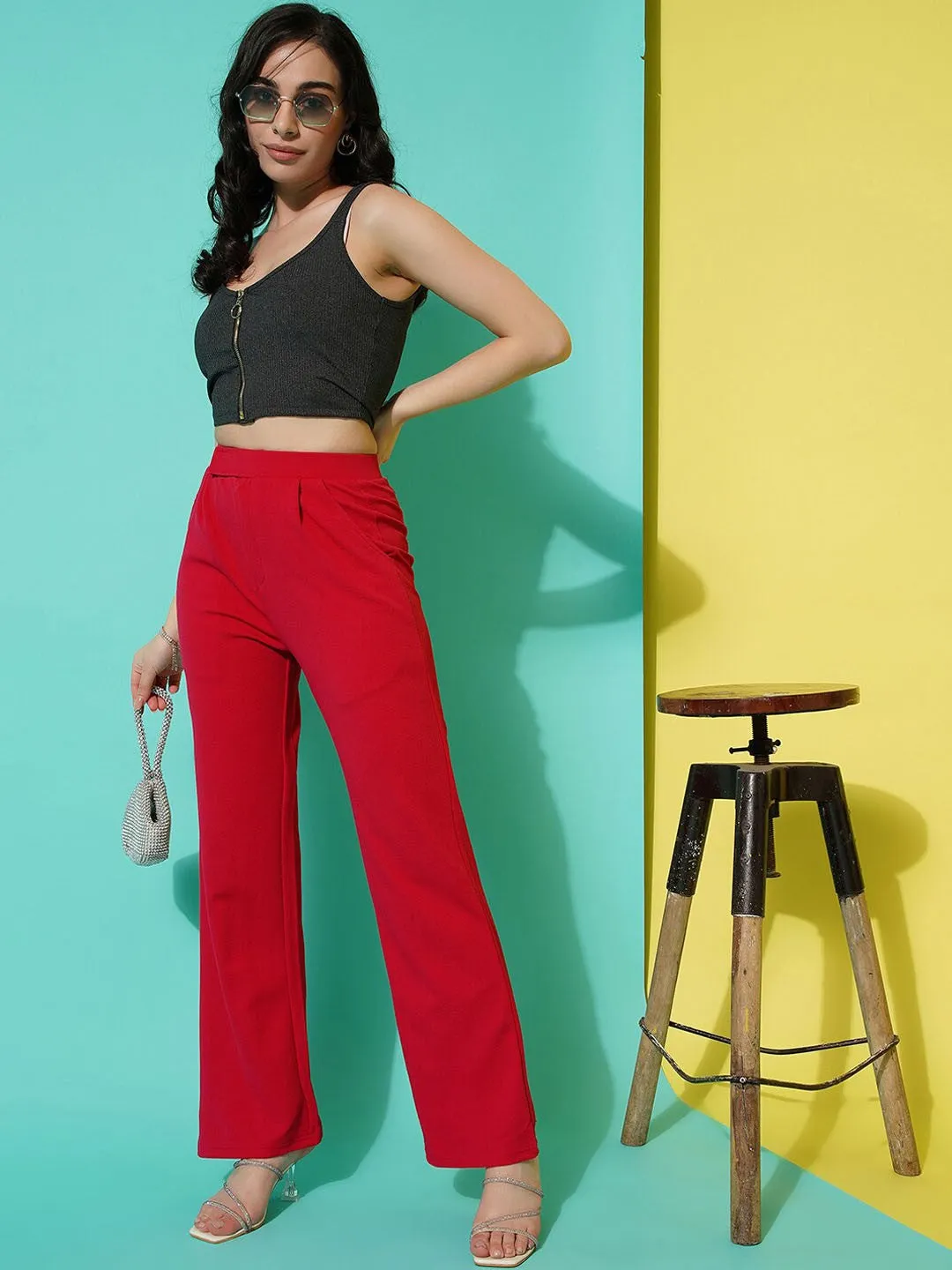 Red Mid-Rise Slip On Trouser