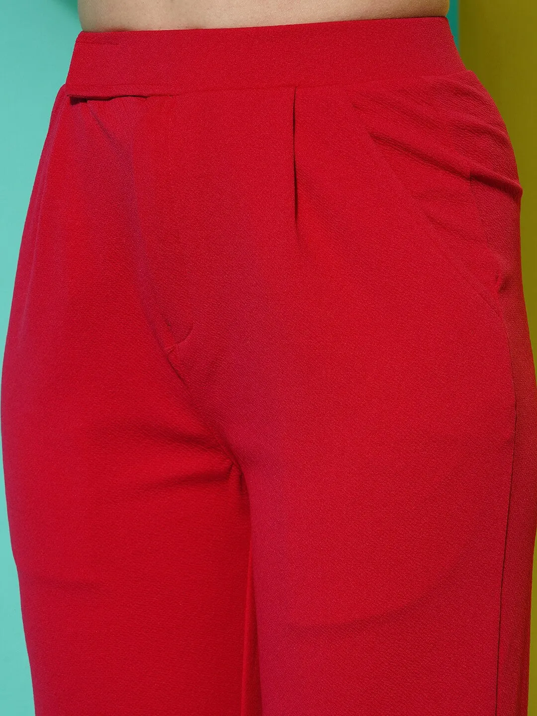 Red Mid-Rise Slip On Trouser