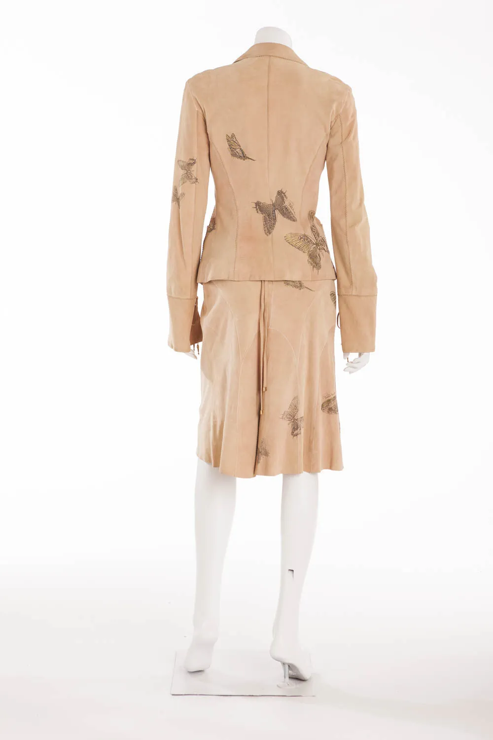 Roberto Cavalli - 2PC Tan Suede Butterfly Skirt and Jacket - S