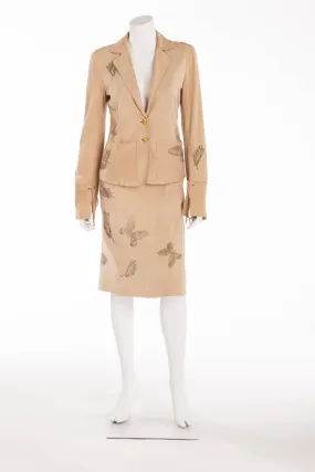 Roberto Cavalli - 2PC Tan Suede Butterfly Skirt and Jacket - S