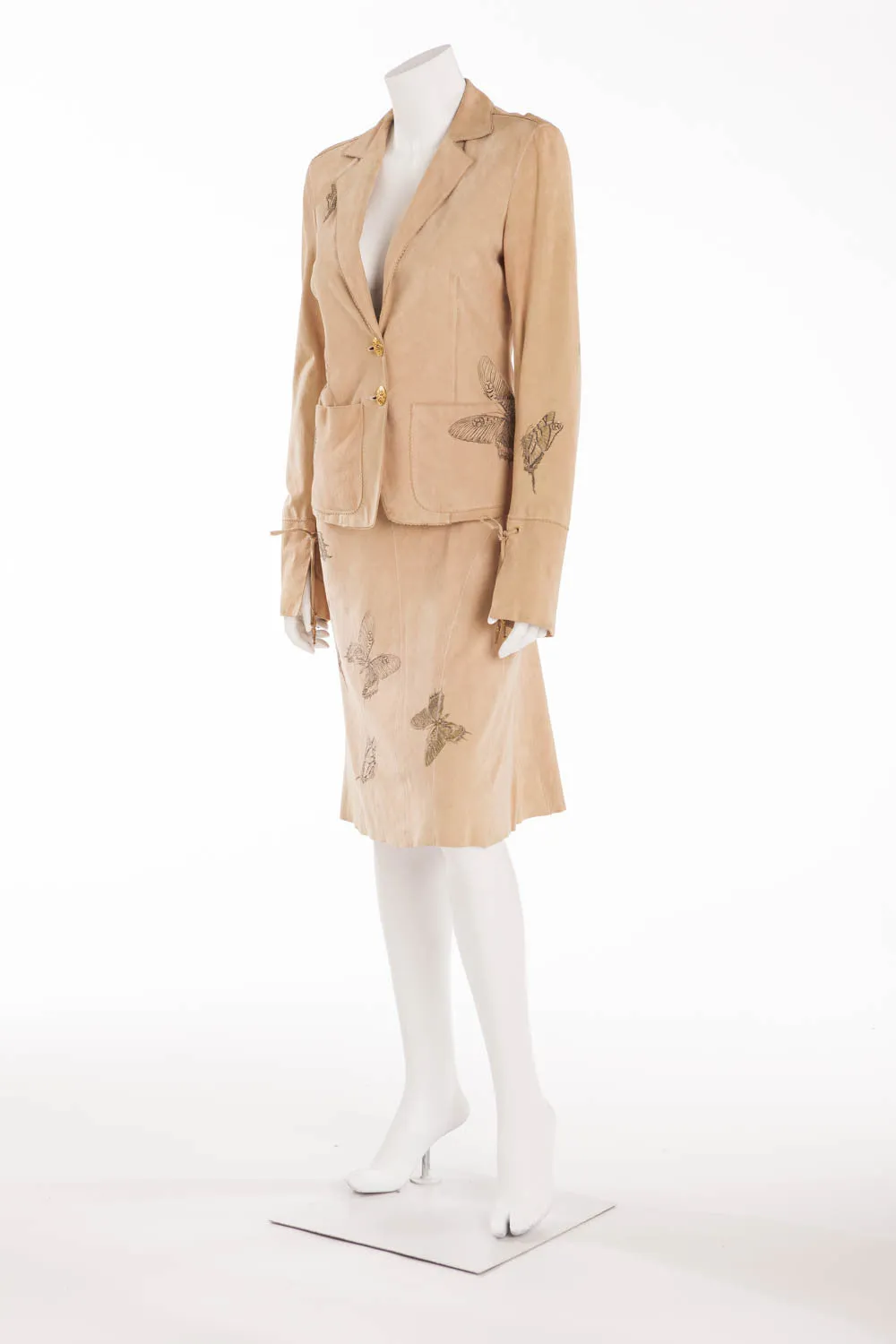 Roberto Cavalli - 2PC Tan Suede Butterfly Skirt and Jacket - S