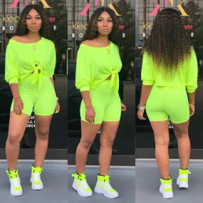Solid color casual women set full sleeve lace-up top and skinny shorts 2 piece set simple tracksuit outfit S3426325
