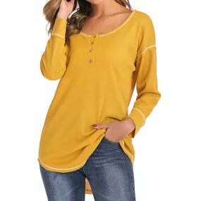 V Neck Button Loose Waffle Knit Tops