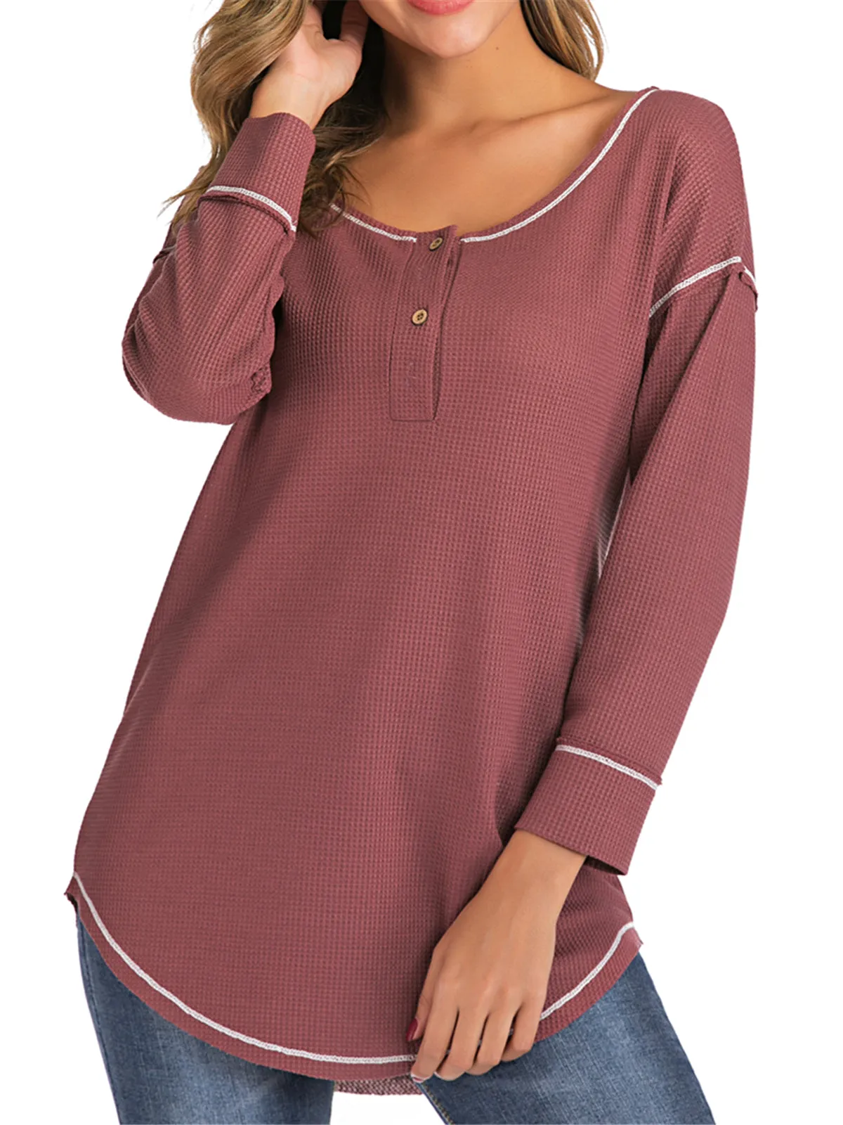 V Neck Button Loose Waffle Knit Tops