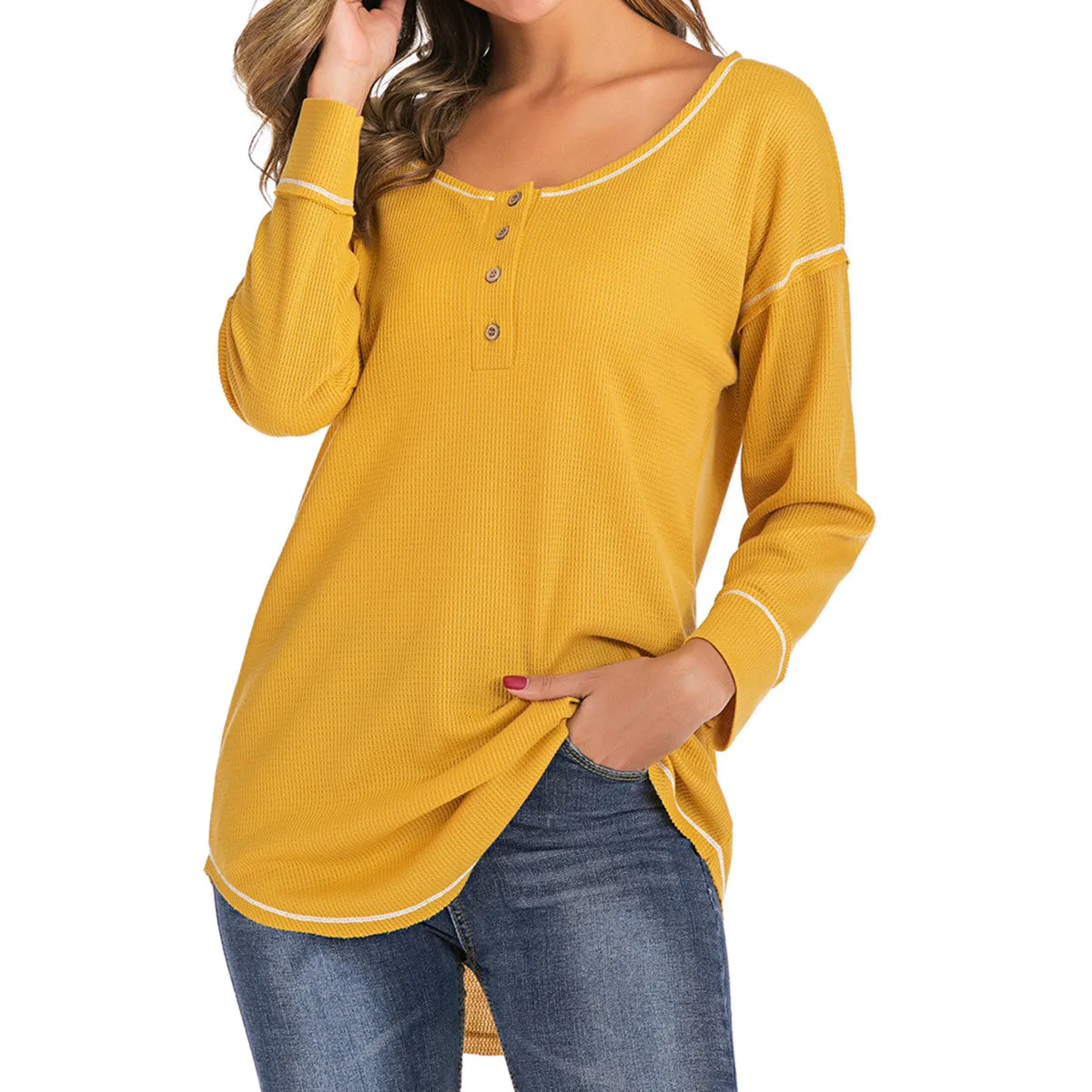 V Neck Button Loose Waffle Knit Tops