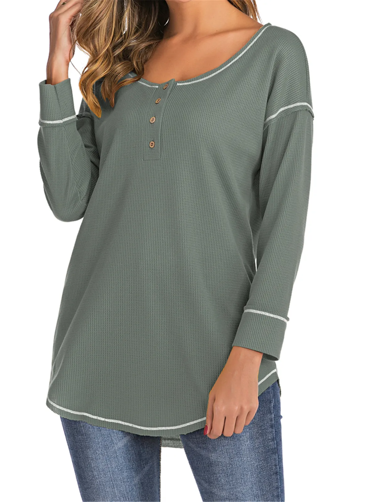 V Neck Button Loose Waffle Knit Tops