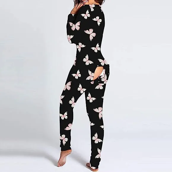 Womens Butt Flap Pajamas Long Sleeve One Piece Jumpsuit Valentine's Day Sexy Deep V Neck Butterfly Rompers S3146145